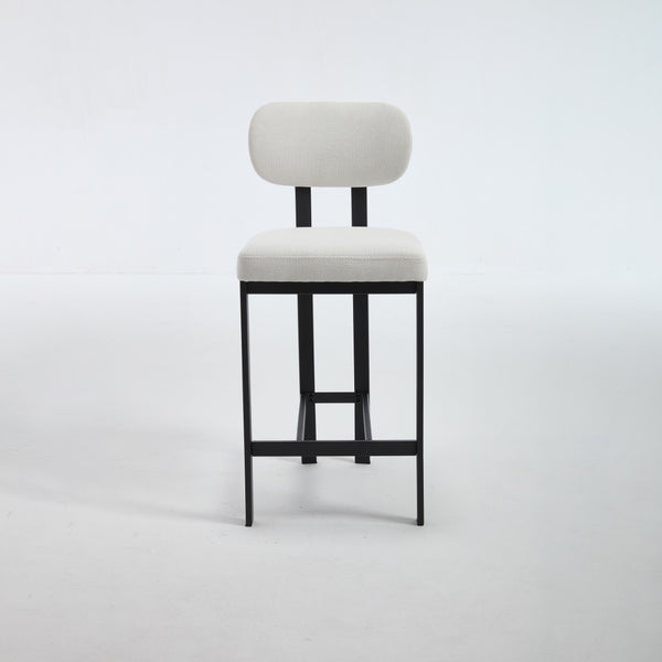 HomeRoots Set of Two Sleek 26" White Fabric & Black Metal Counter Height Bar Chairs for Modern Spaces 694699