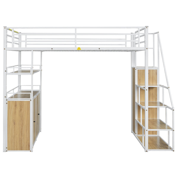 English Elm Full Size Metal Loft Bed with Desk, Storage Staircase, Wardrobe & Shelves — Space-Saving White GX002219AAK