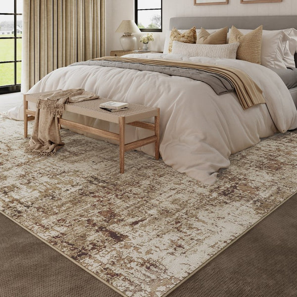 HomeRoots 8' Brown and Ivory Abstract Washable Area Rug - Modern Durable Design for High-Traffic Homes 8' X 10' 694700