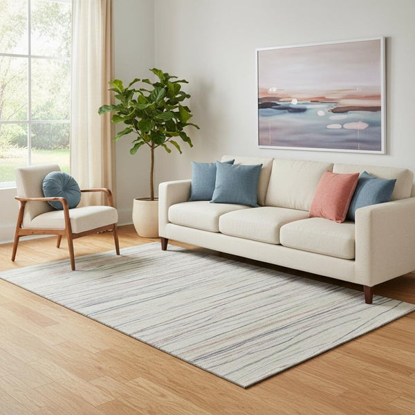 HomeRoots 5' X 8' Washable Striped Area Rug in Beige, Pink & Purple - Durable, UV-Protected & Non-Slip Design! 694703