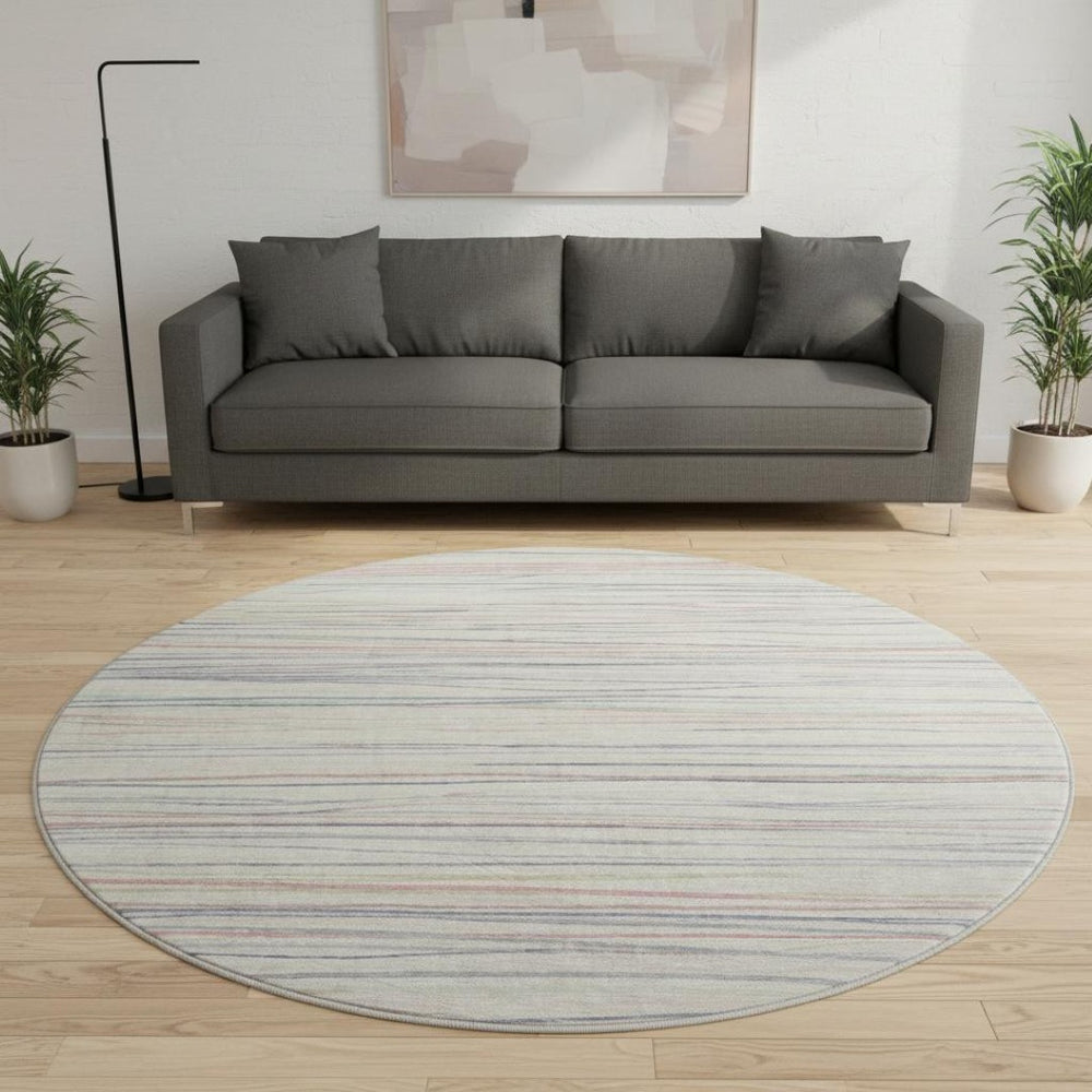 HomeRoots 8' Round Washable Beige, Pink & Purple Striped Rug with UV Protection - Perfect for Kids & Pets! 694704