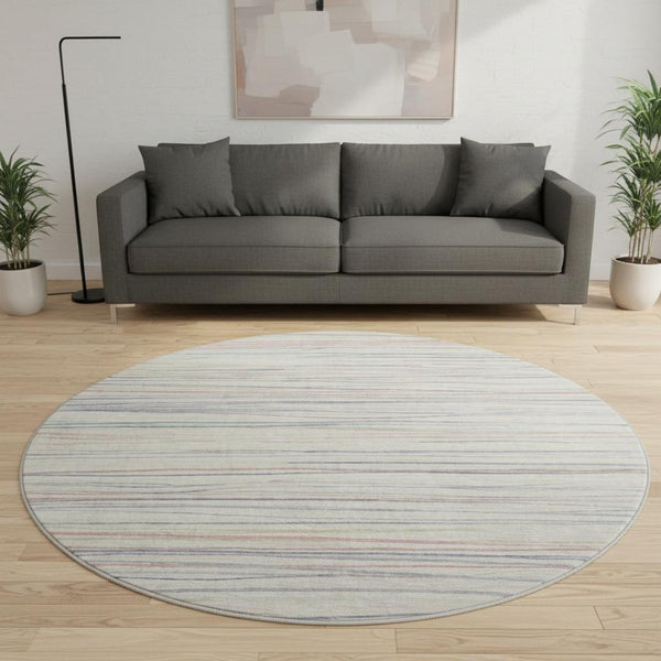 HomeRoots 8' Round Washable Beige, Pink & Purple Striped Rug with UV Protection - Perfect for Kids & Pets! 694704