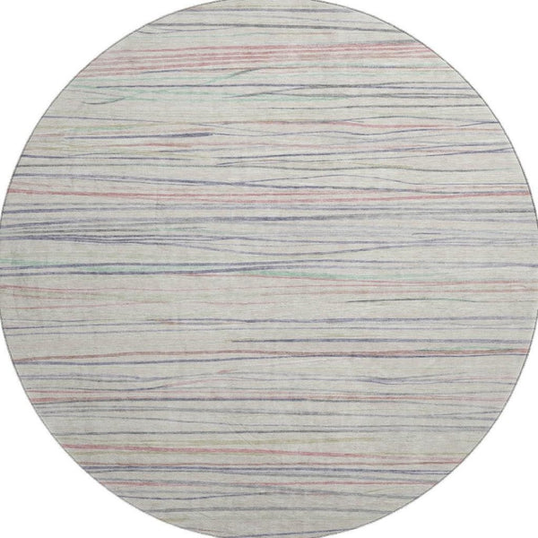 HomeRoots 8' Round Washable Beige, Pink & Purple Striped Rug with UV Protection - Perfect for Kids & Pets! 694704