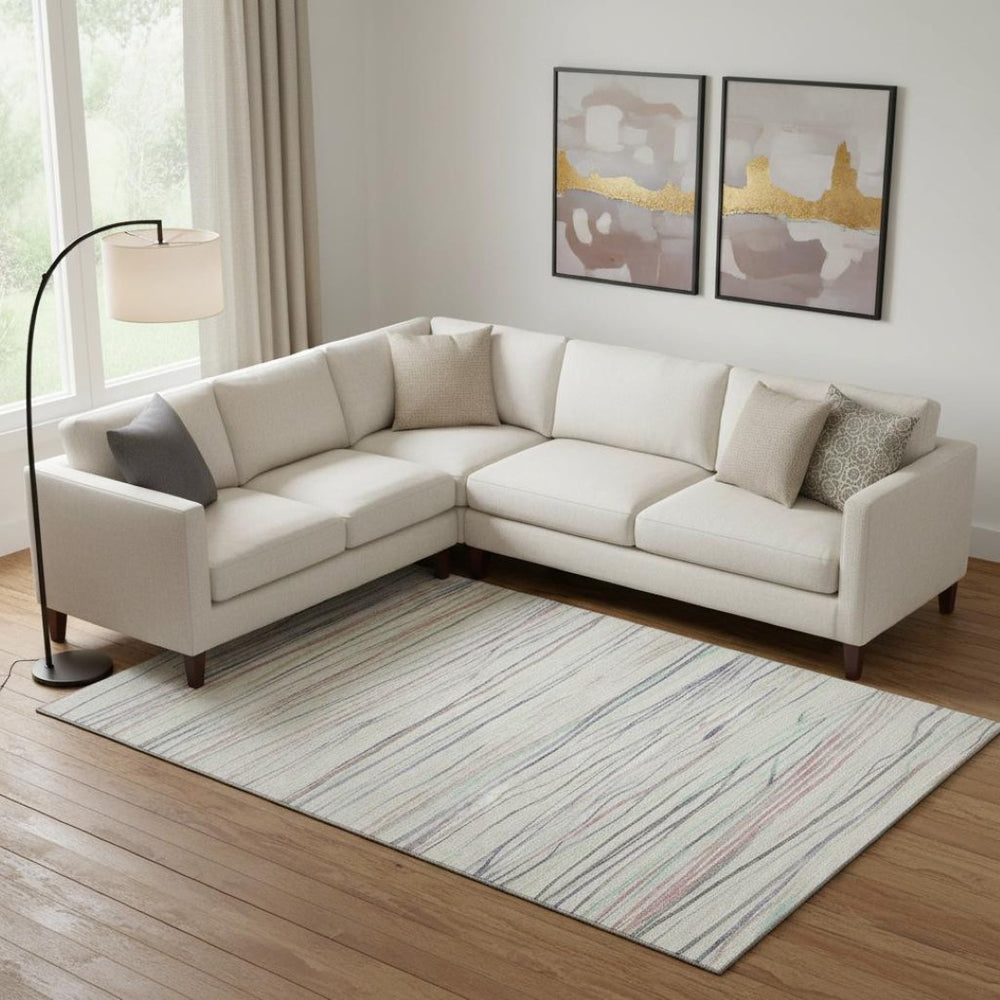 HomeRoots 9' X 12' Washable Beige Pink Purple Striped Area Rug with UV Protection for High-Traffic Spaces 694706