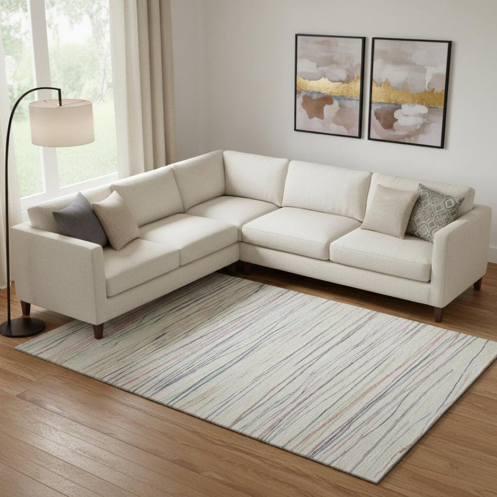 HomeRoots 10' Striped Beige, Pink & Purple Washable Area Rug – Durable, UV-Protected & Non-Slip Design for Homes 694707
