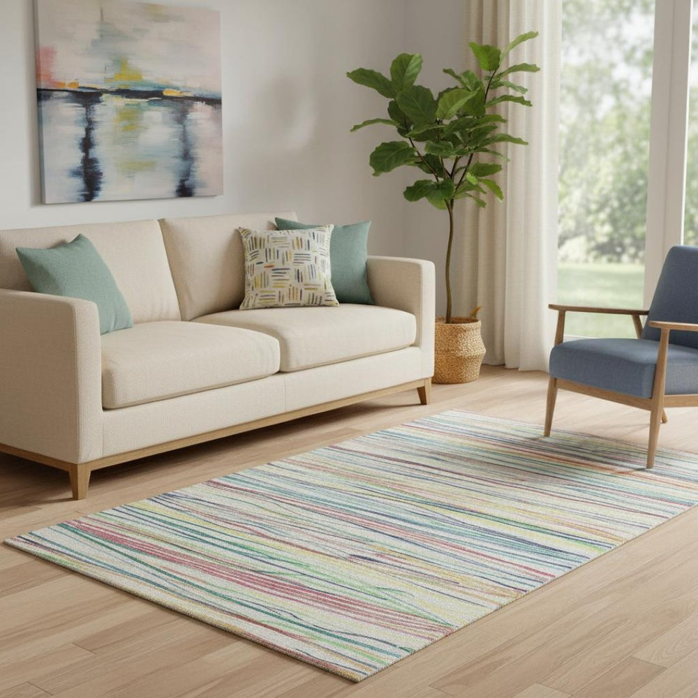 HomeRoots 5' X 8' Striped Washable Area Rug - Bold Ivory, Red, Yellow & Green with UV Protection & Non-Slip Backing 694709