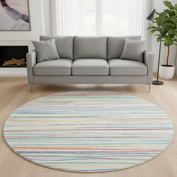 HomeRoots 8' Round Rug - Striped Ivory, Red, Yellow & Green, Washable, UV-Protected, Family-Friendly Design 694710