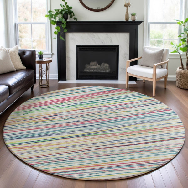 HomeRoots 8' Round Rug - Striped Ivory, Red, Yellow & Green, Washable, UV-Protected, Family-Friendly Design 694710
