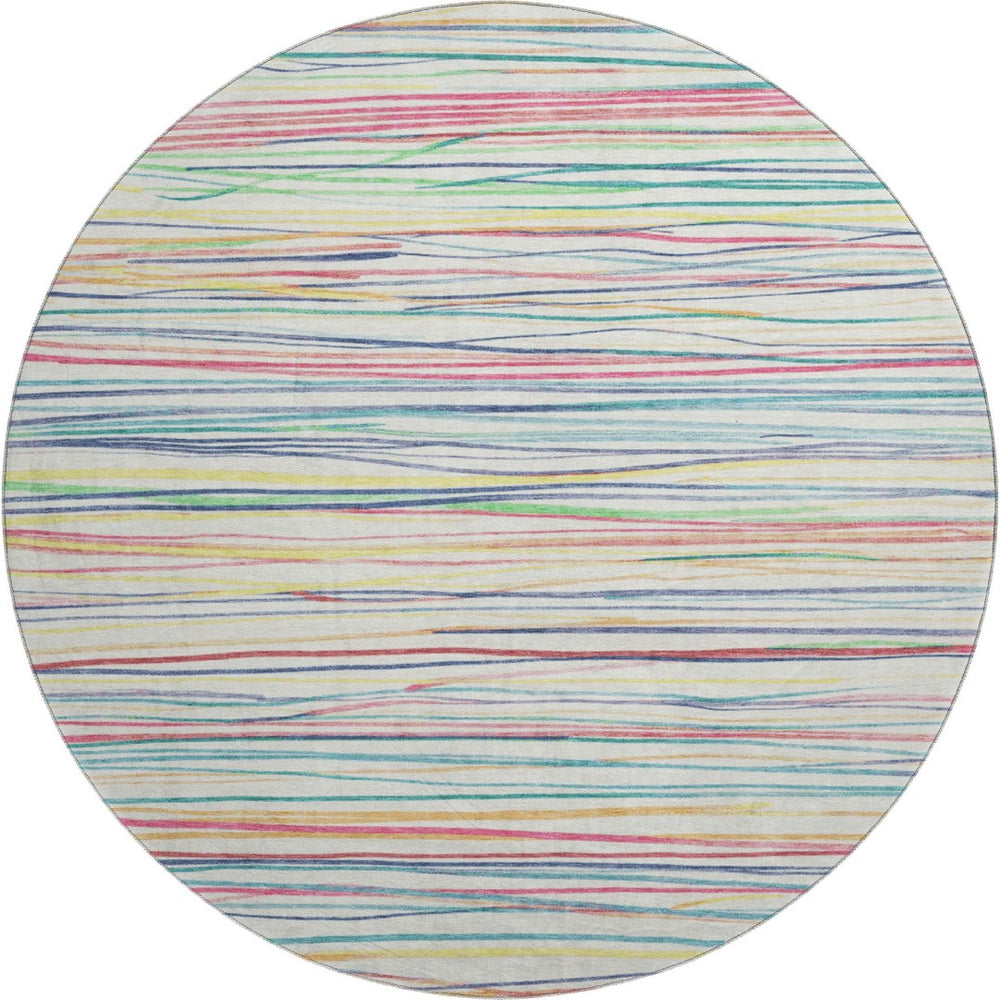 HomeRoots 8' Round Rug - Striped Ivory, Red, Yellow & Green, Washable, UV-Protected, Family-Friendly Design 694710
