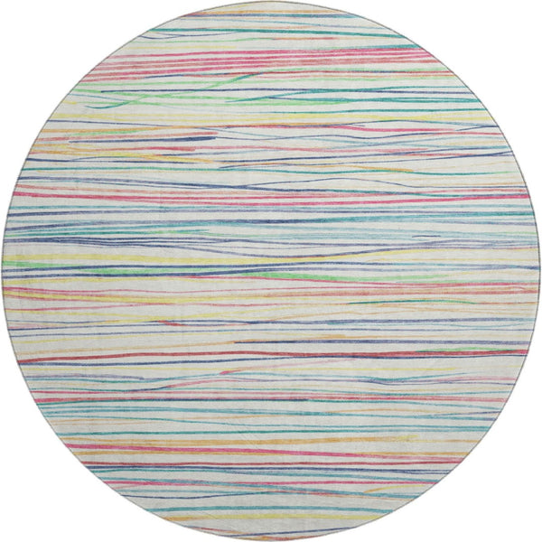 HomeRoots 8' Round Rug - Striped Ivory, Red, Yellow & Green, Washable, UV-Protected, Family-Friendly Design 694710
