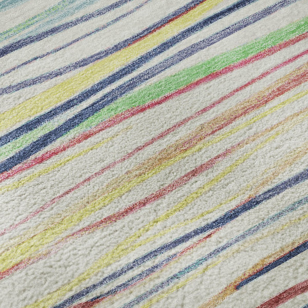 HomeRoots 8' Round Rug - Striped Ivory, Red, Yellow & Green, Washable, UV-Protected, Family-Friendly Design 694710