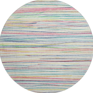 HomeRoots 8' Round Rug - Striped Ivory, Red, Yellow & Green, Washable, UV-Protected, Family-Friendly Design 694710