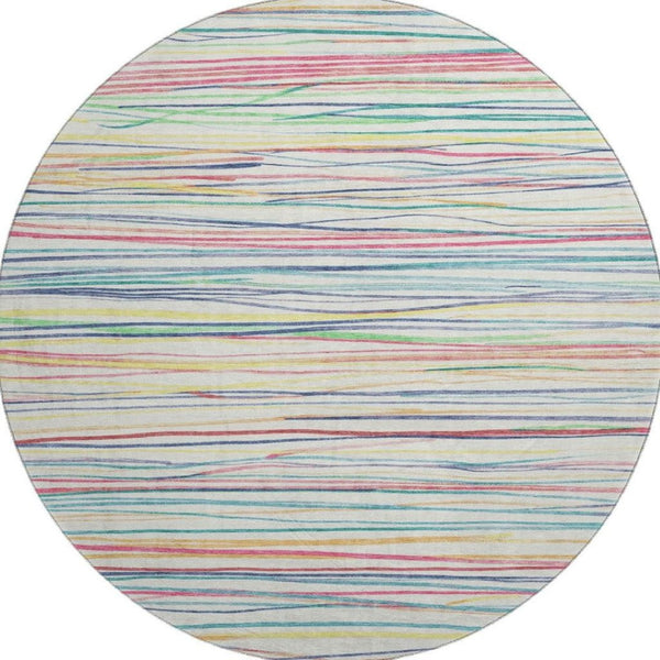 HomeRoots 8' Round Rug - Striped Ivory, Red, Yellow & Green, Washable, UV-Protected, Family-Friendly Design 694710