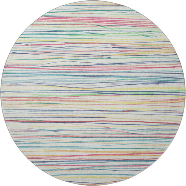 HomeRoots 8' Round Rug - Striped Ivory, Red, Yellow & Green, Washable, UV-Protected, Family-Friendly Design 694710