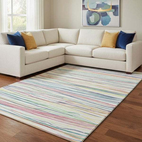 HomeRoots 8' Striped Washable Area Rug in Ivory, Red, Yellow & Green - UV Protected, Durable & Non-Slip Design 694711