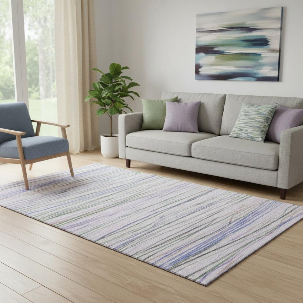 HomeRoots 5' X 8' Washable Lavender, Ivory & Green Striped Area Rug with UV Protection for Family Spaces 694715