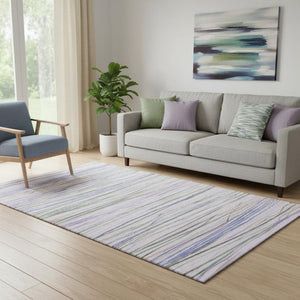 HomeRoots 5' X 8' Washable Lavender, Ivory & Green Striped Area Rug with UV Protection for Family Spaces 694715