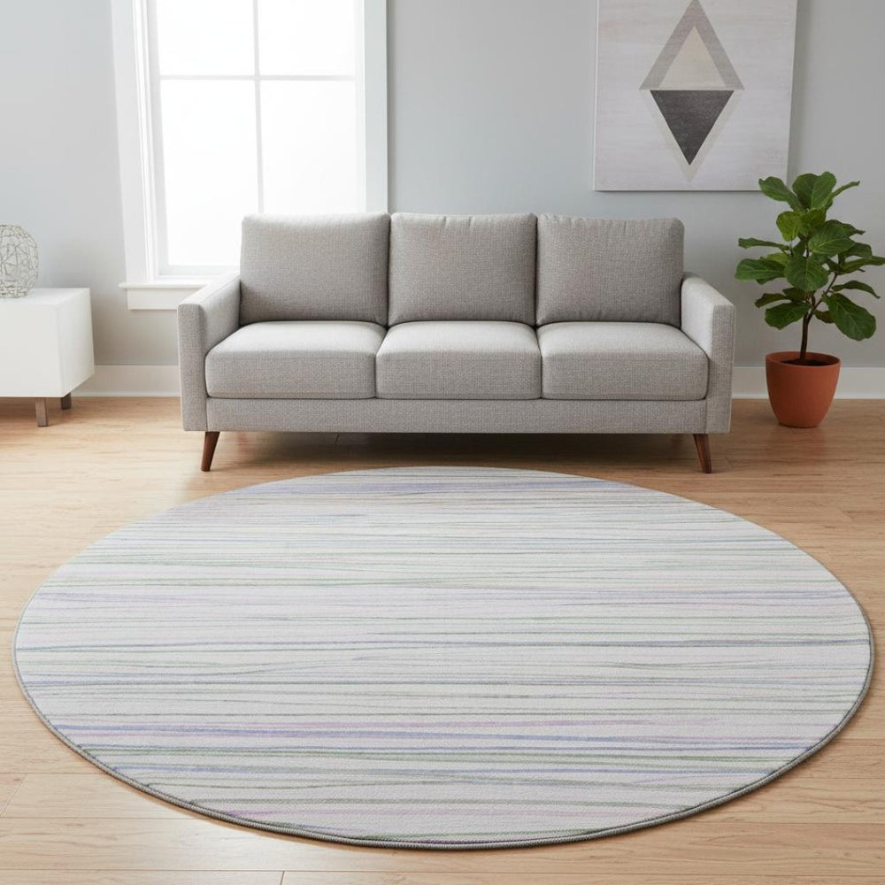 HomeRoots 8' X 8' Striped Lavender Ivory Green Washable Rug with UV Protection for Stylish Indoor & Outdoor Use 694716