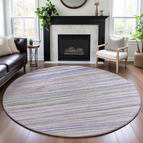 HomeRoots 8' X 8' Striped Lavender Ivory Green Washable Rug with UV Protection for Stylish Indoor & Outdoor Use 694716