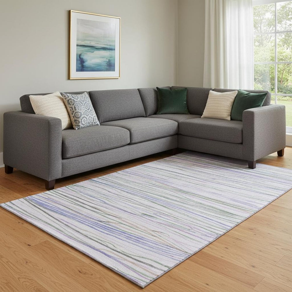 HomeRoots 8' Stylish Lavender, Ivory & Green Striped Washable Area Rug with UV Protection for Busy Homes 694717