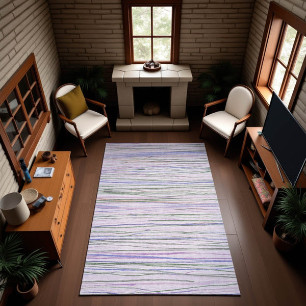 HomeRoots 9' X 12' Stylish Lavender and Green Striped Area Rug – Washable, UV-Proof, Pet-Friendly Design! 694718