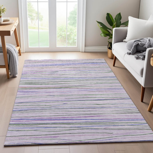 HomeRoots 9' X 12' Stylish Lavender and Green Striped Area Rug – Washable, UV-Proof, Pet-Friendly Design! 694718