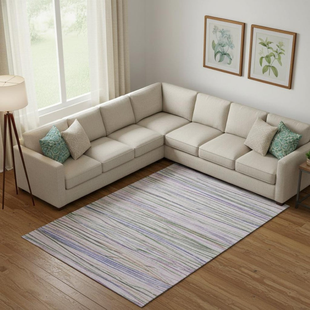 HomeRoots 10' X 14' Stylish Lavender, Ivory & Green Striped Washable Area Rug with UV Protection & Non-Slip Backing 694719
