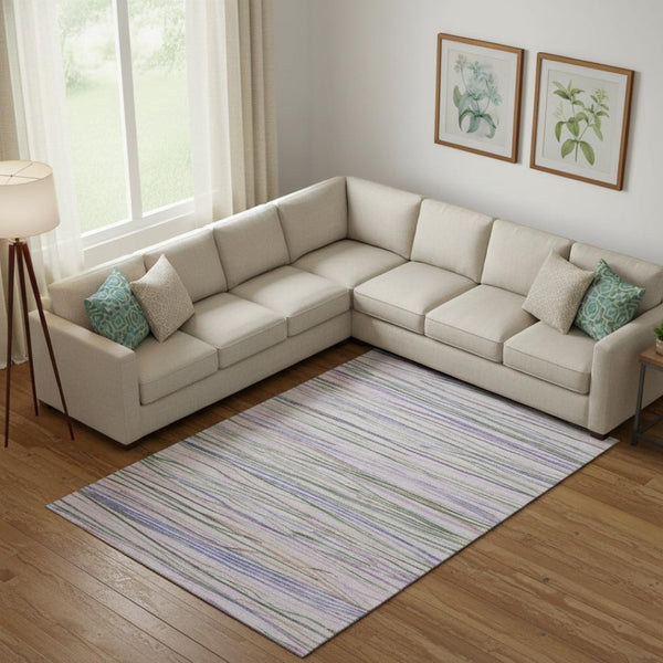 HomeRoots 10' X 14' Stylish Lavender, Ivory & Green Striped Washable Area Rug with UV Protection & Non-Slip Backing 694719