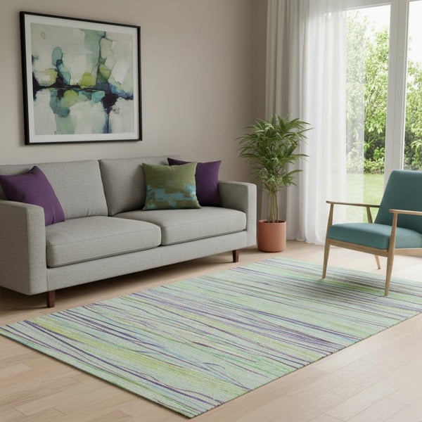 HomeRoots 5' X 8' Colorful Striped Area Rug in Mint Green, Lavender & Lime – Washable, UV-Protected & Durable! 694721
