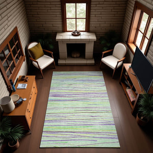 HomeRoots 5' X 8' Colorful Striped Area Rug in Mint Green, Lavender & Lime – Washable, UV-Protected & Durable! 694721