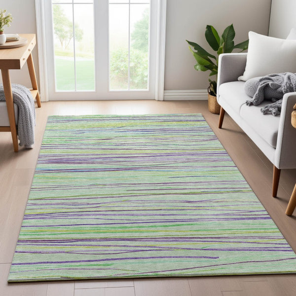 HomeRoots 5' X 8' Colorful Striped Area Rug in Mint Green, Lavender & Lime – Washable, UV-Protected & Durable! 694721