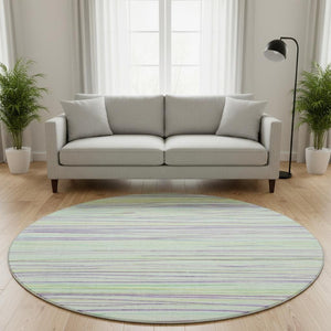 HomeRoots 8' Mint Green, Lavender & Lime Striped Round Rug - Washable, UV Protected, Kid & Pet Friendly! 694722