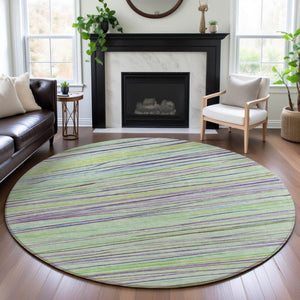 HomeRoots 8' Mint Green, Lavender & Lime Striped Round Rug - Washable, UV Protected, Kid & Pet Friendly! 694722