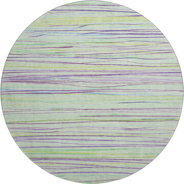 HomeRoots 8' Mint Green, Lavender & Lime Striped Round Rug - Washable, UV Protected, Kid & Pet Friendly! 694722