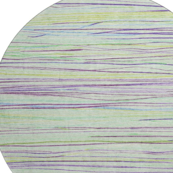 HomeRoots 8' Mint Green, Lavender & Lime Striped Round Rug - Washable, UV Protected, Kid & Pet Friendly! 694722