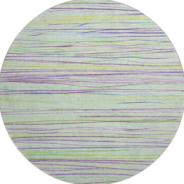 HomeRoots 8' Mint Green, Lavender & Lime Striped Round Rug - Washable, UV Protected, Kid & Pet Friendly! 694722