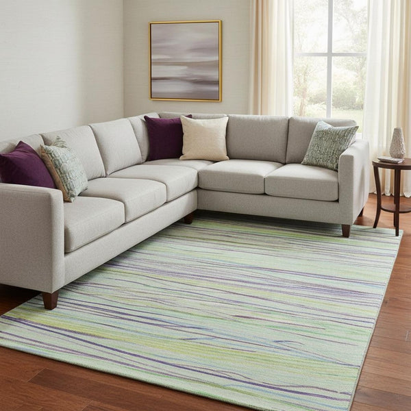 HomeRoots 8' Mint Green, Lavender & Lime Striped Area Rug - Washable, UV-Protected, Stain-Resistant Design 694723