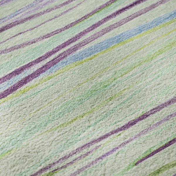 HomeRoots 8' Mint Green, Lavender & Lime Striped Area Rug - Washable, UV-Protected, Stain-Resistant Design 694723