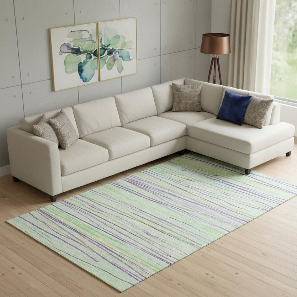 HomeRoots 10' X 14' Vibrant Mint Green & Lavender Striped Washable Area Rug with UV Protection for All Spaces 694725