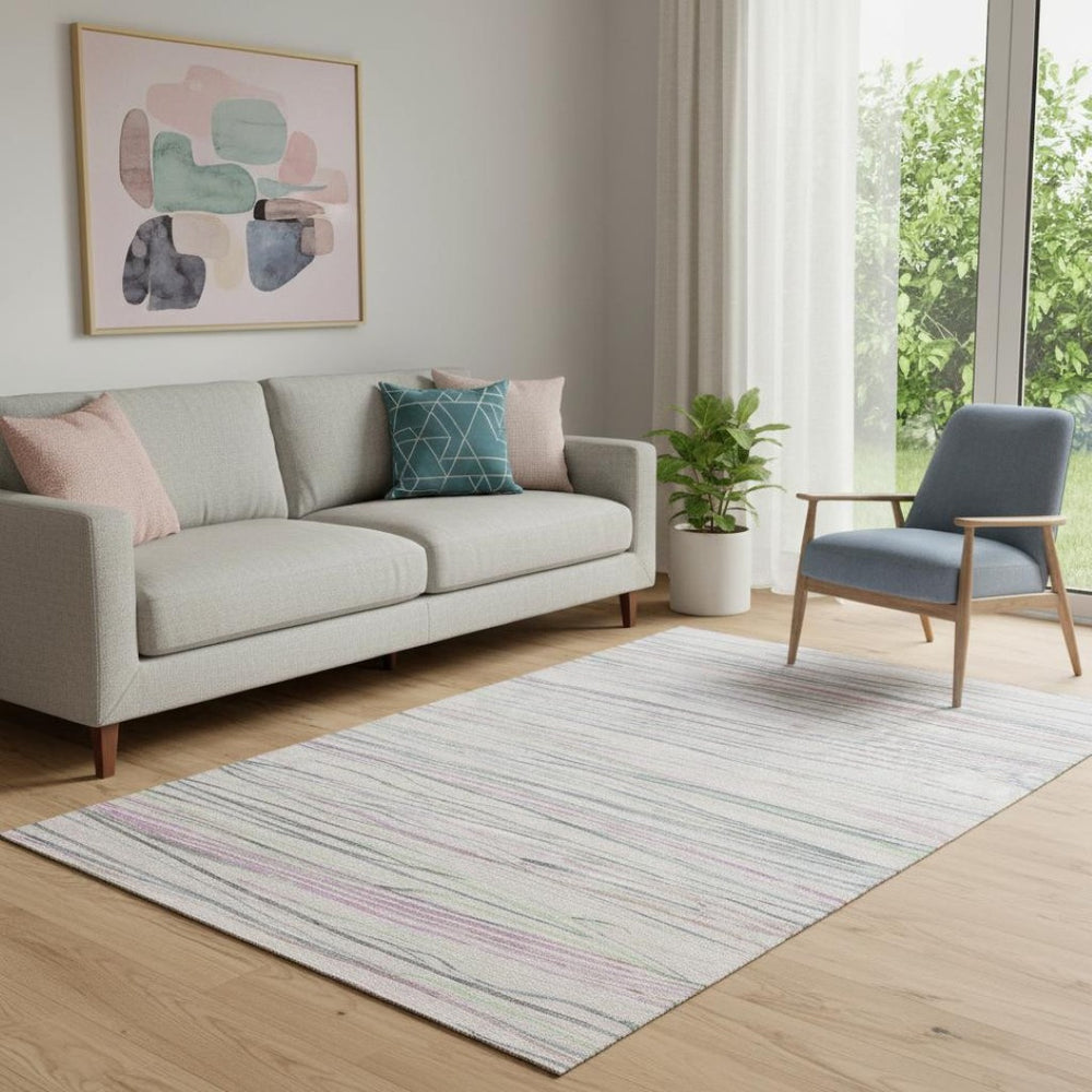 HomeRoots 5' X 8' Stylish Pink Mint Green Ivory Striped Washable Area Rug with UV Protection & Non-Slip Backing 694727