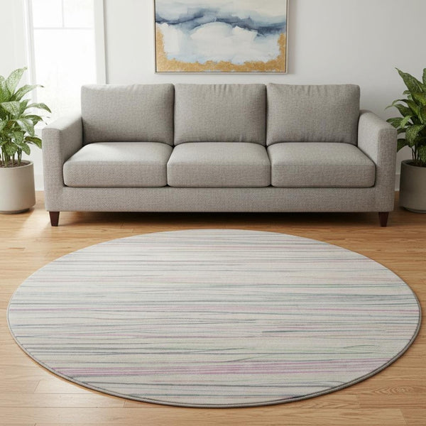 HomeRoots 8' Pink Mint Green and Ivory Striped Washable Round Rug – UV Protected, Durable, Easy Care for All Spaces 694728