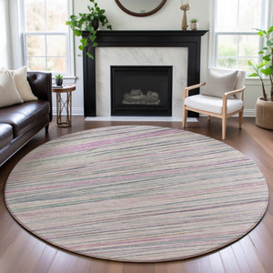 HomeRoots 8' Pink Mint Green and Ivory Striped Washable Round Rug – UV Protected, Durable, Easy Care for All Spaces 694728