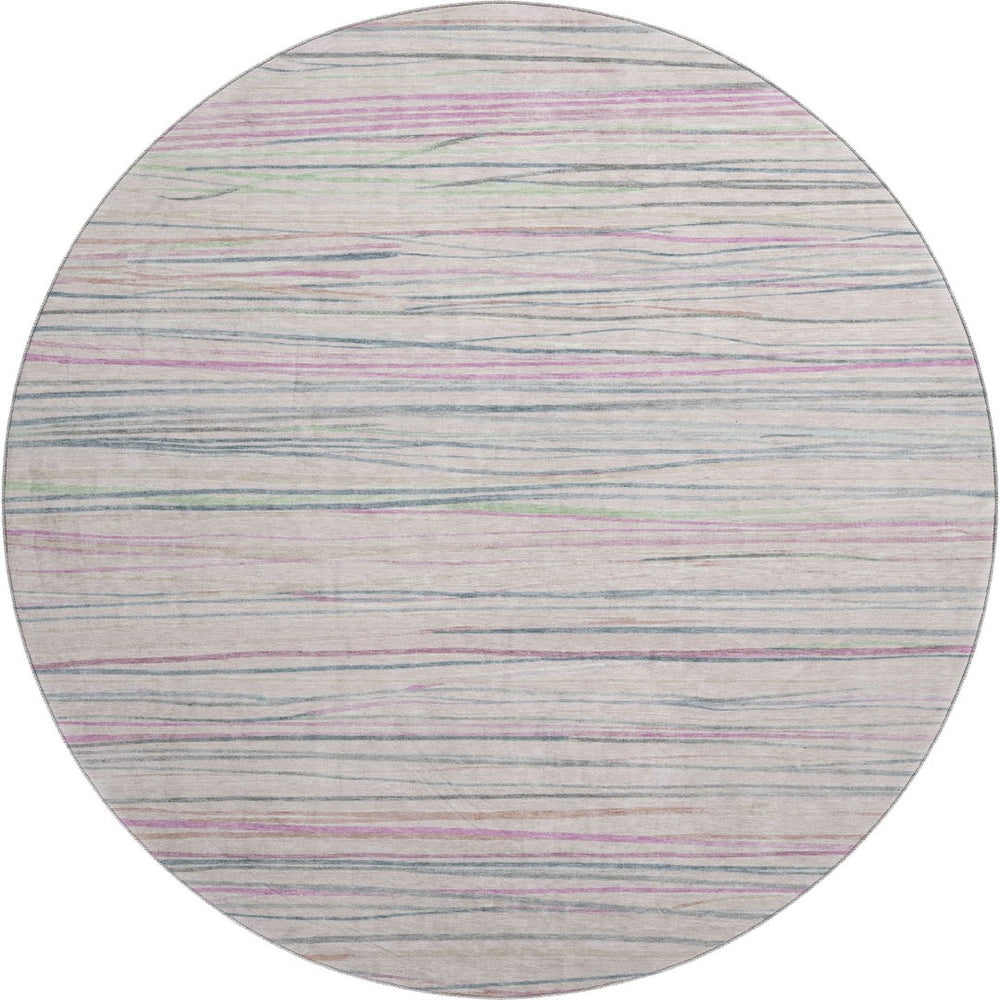 HomeRoots 8' Pink Mint Green and Ivory Striped Washable Round Rug – UV Protected, Durable, Easy Care for All Spaces 694728
