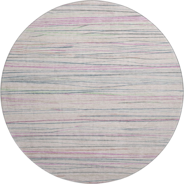 HomeRoots 8' Pink Mint Green and Ivory Striped Washable Round Rug – UV Protected, Durable, Easy Care for All Spaces 694728