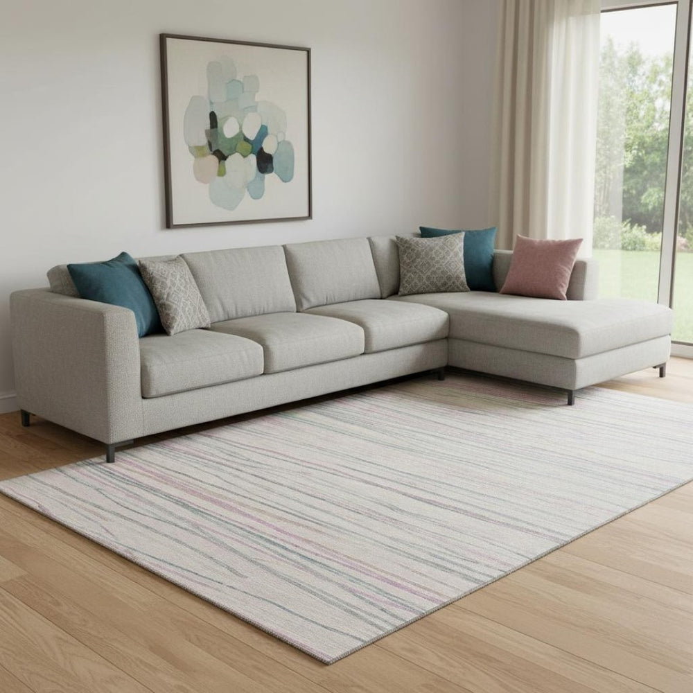 HomeRoots 8' Washable Striped Area Rug in Pink, Mint Green & Ivory - Stain Resistant, UV Protected & Non-Slip 694729