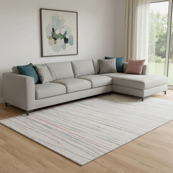 HomeRoots 8' Washable Striped Area Rug in Pink, Mint Green & Ivory - Stain Resistant, UV Protected & Non-Slip 694729