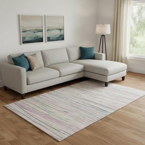 HomeRoots 9' X 12' Stylish Striped Washable Area Rug in Pink, Mint Green, and Ivory - UV Protected & Durable! 694730