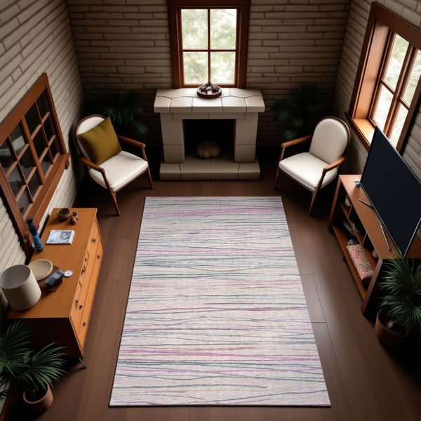 HomeRoots 9' X 12' Stylish Striped Washable Area Rug in Pink, Mint Green, and Ivory - UV Protected & Durable! 694730