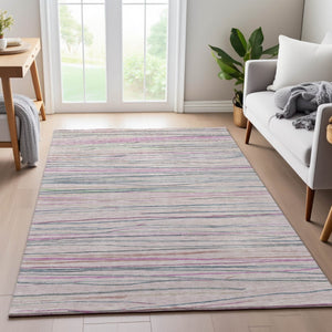 HomeRoots 9' X 12' Stylish Striped Washable Area Rug in Pink, Mint Green, and Ivory - UV Protected & Durable! 694730