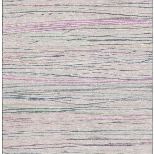 HomeRoots 9' X 12' Stylish Striped Washable Area Rug in Pink, Mint Green, and Ivory - UV Protected & Durable! 694730